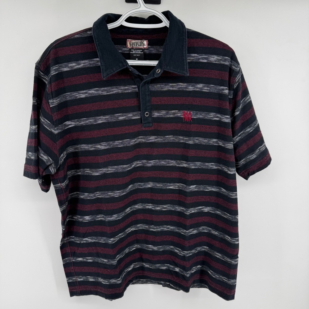 Vintage Y2K Skate Streetwear Tony Hawk Polo Shirt Mens Medium Striped Black Red